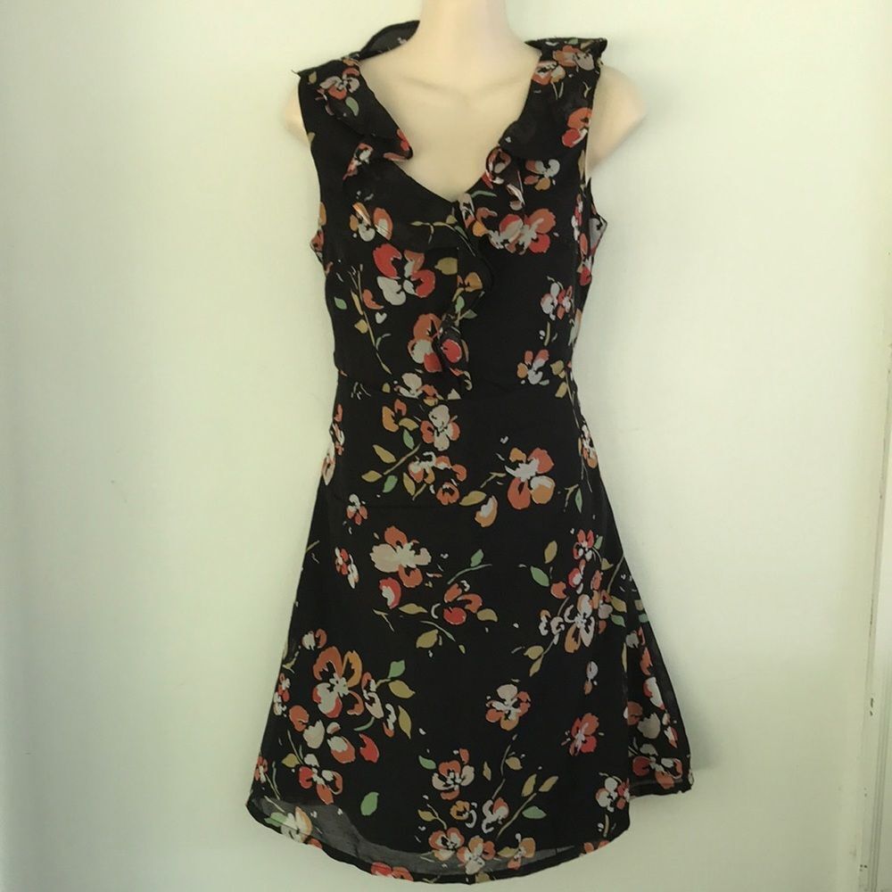 Merona Dark Romantic Floral Ruffle V-Neck Black Dress 4